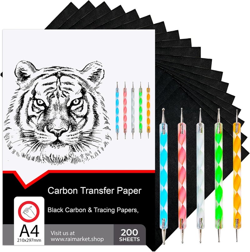 Raimarket 200 Sheets Black Carbon Paper for Tracing On Fabric | Carbon Paper for Tracing on Wood & Canvas, Tracing Paper for Drawing Sewing Patterns, 5 Stylus, A4 Size (9 X 13) Graphite Transfer Paper - Image 1